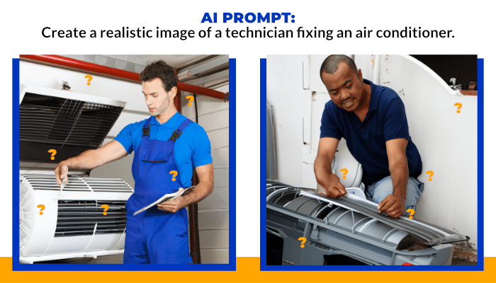 Realistic image generated by AI of technicians fixing an HVAC system.