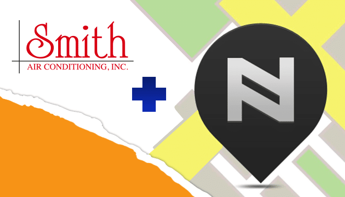 An illustration where the Smith Air Conditioning logo sits next to the Nearby Now map pointer logo.