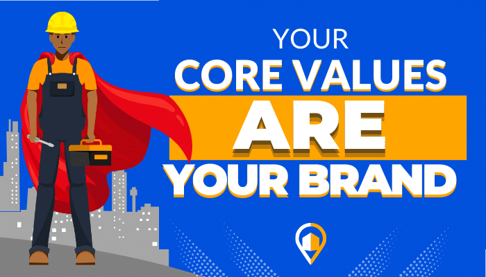 A decorative image of a HVAC technician in a cape, standing next to text saying that your core values ARE your brand.