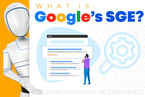 A robot peers around the corner looking a person trying to understand search results in this decorative image asking What Is Google's SGE?