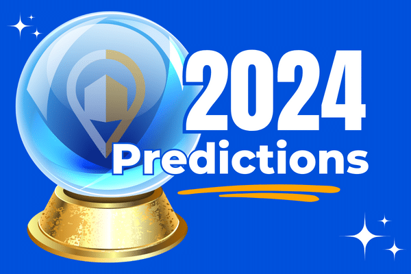 A decorative image about predictions for 2024 - featuring the LeadsNearby logo in a crystal ball!