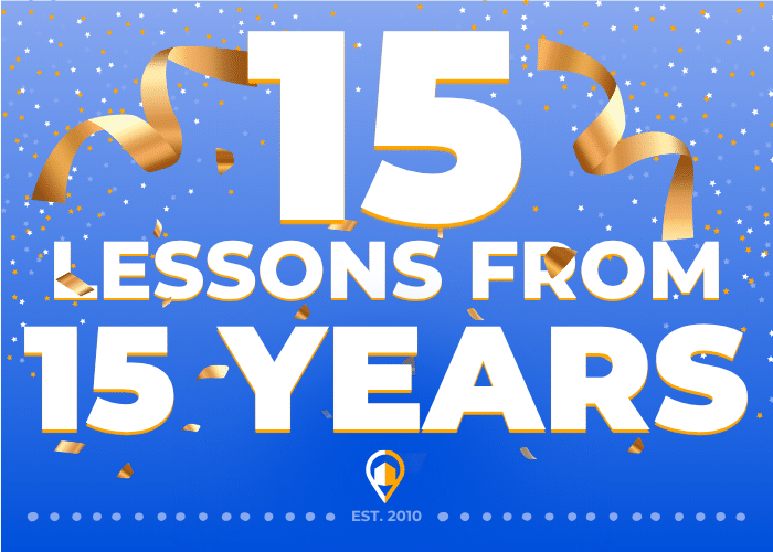 Blue confetti banner with gold ribbons and bold white headline ‘15 Lessons From 15 Years,’ small LeadsNearby logo, EST. 2010.