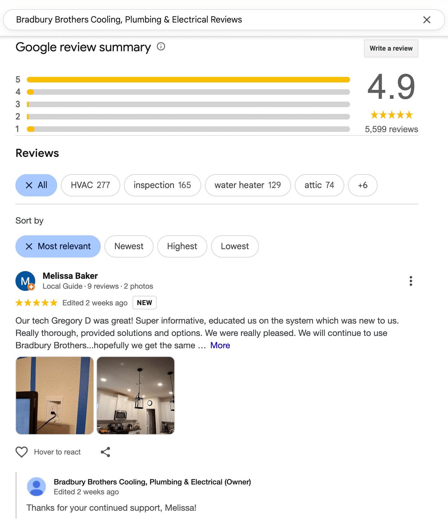 Google review screenshot showcasing Bradbury Brothers' 4.9-star rating and customer praise