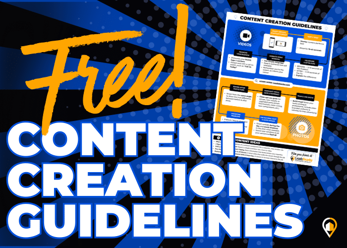 Decorative graphic with ‘Free! Content Creation Guidelines’ in bold over blue burst background plus small infographic preview. The LeadsNearby logo sits in the bottom corner.