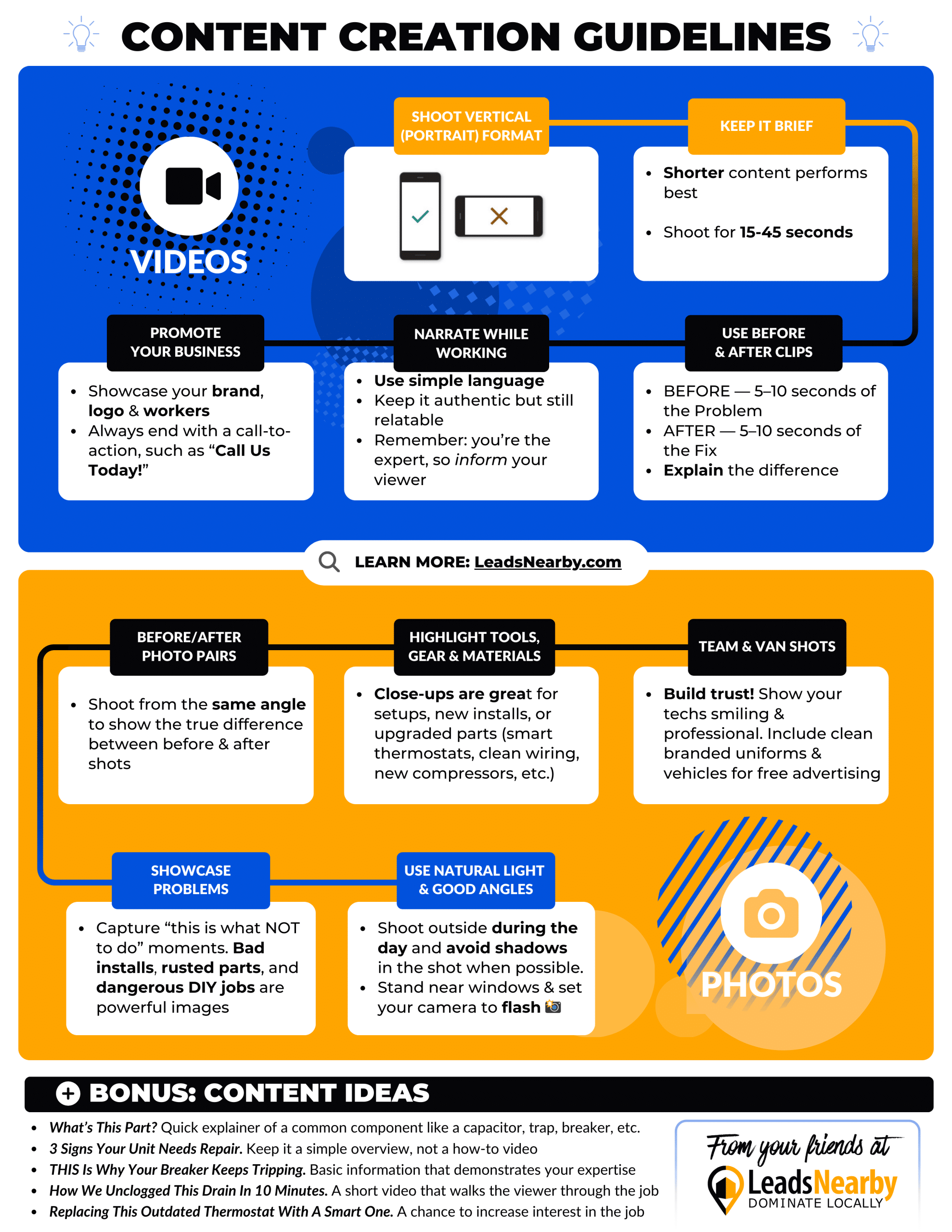 Infographic: video tips—vertical 15–45 s, narrate, before/after; photo rules—same-angle, tools, team, light; bonus ideas.