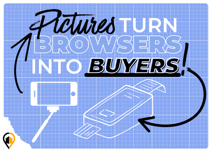 Blueprint graphic reading 'Pictures turn browsers into buyers' beside smartphone sketch