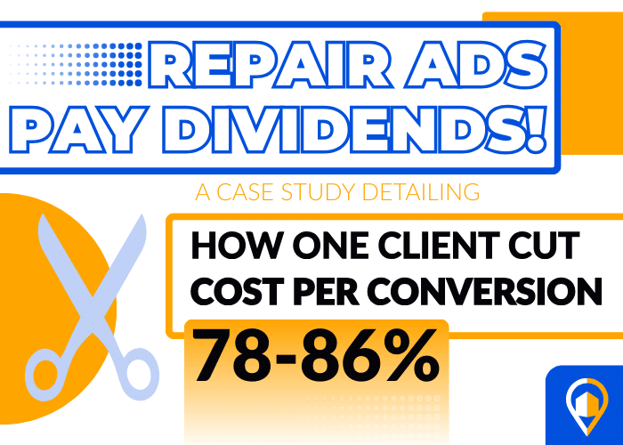 Descriptive Alt Text (≈150 characters): Graphic headline reads “Repair Ads Pay Dividends! A case study detailing how one client cut cost per conversion 78–86%,” with scissors icon and bold colors.