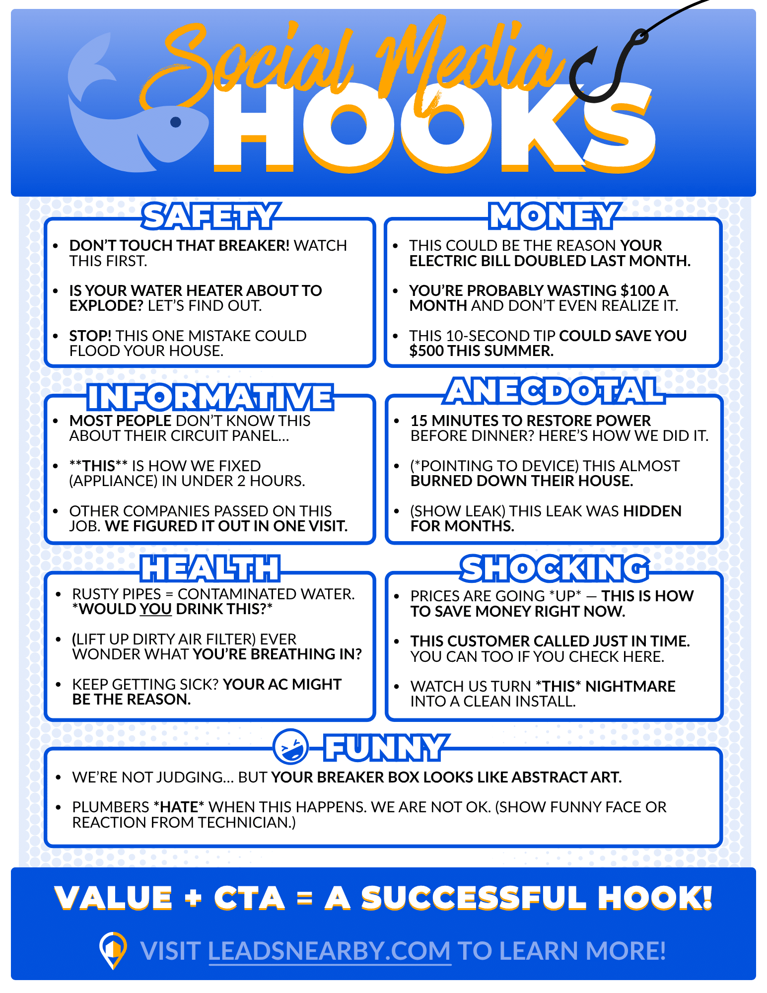 Infographic titled “Social Media Hooks” with seven groups of sample opening lines.