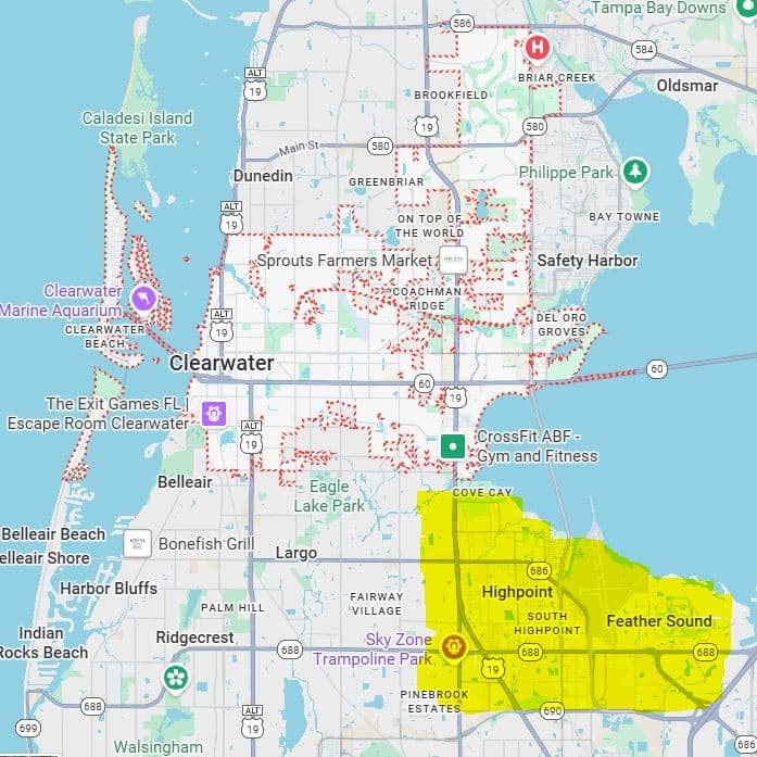 Google map of Clearwater, FL annotated with distance rings to illustrate proximity-based rankings.