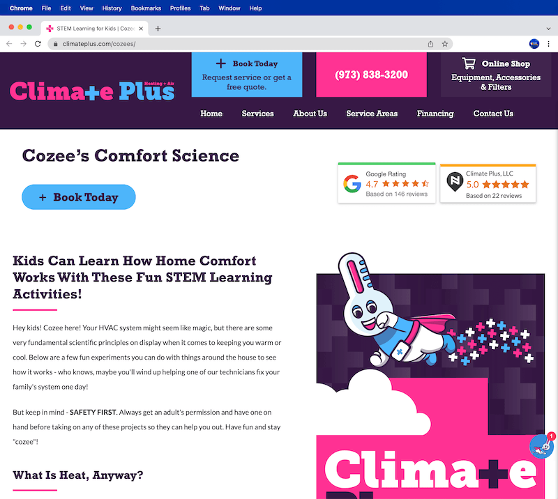 Website with illustrated character teaching science.