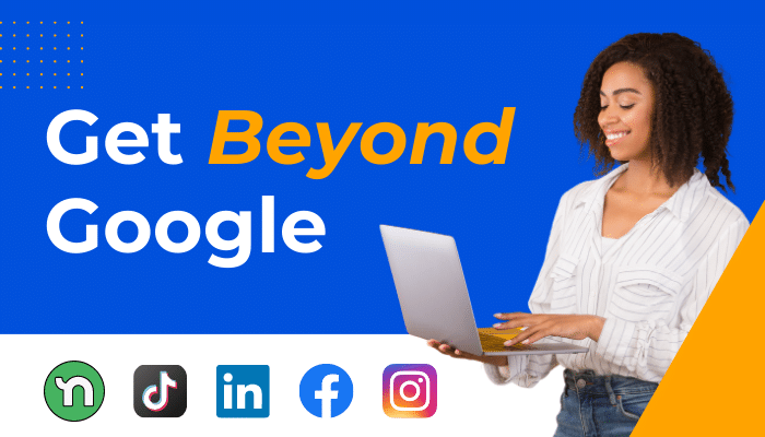 The words "Get Beyond Google" hover next to a woman working on a laptop.