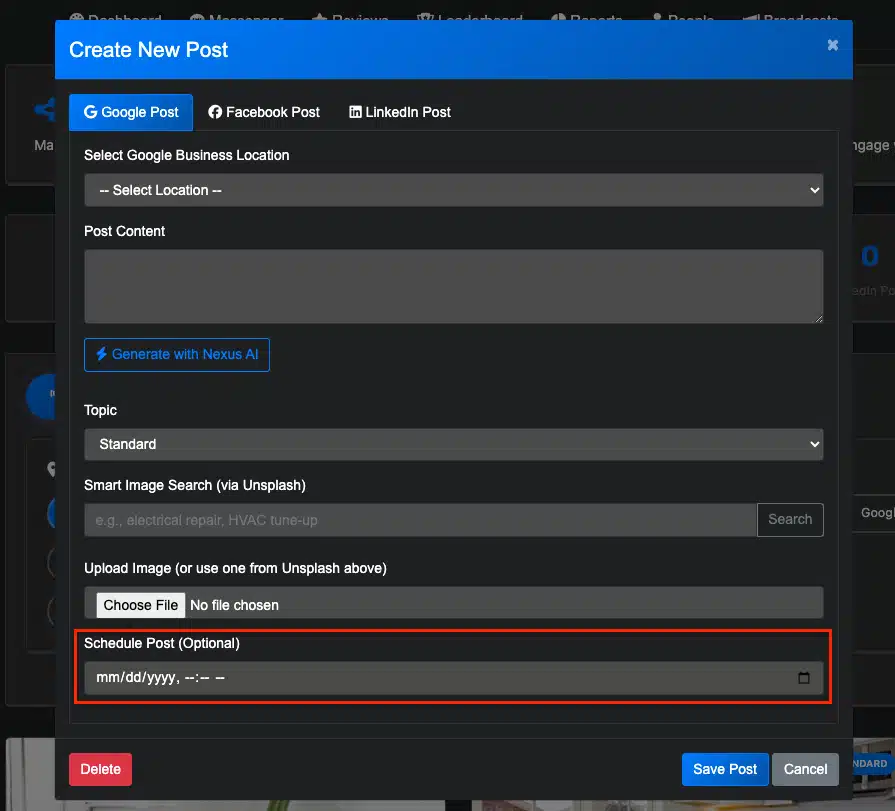 LaunchSMS Create New Post modal with tabs for Google and Facebook, fields for content, image upload, and a Schedule Post date-time picker.