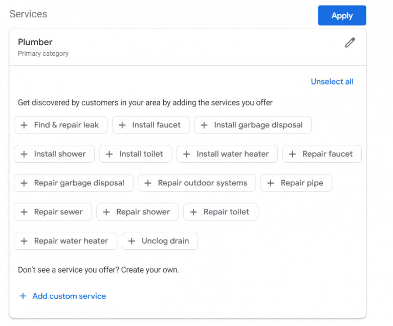 Services Google Business Profile Plumber Service Options