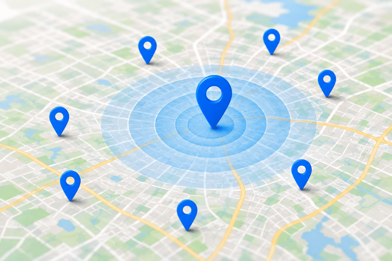 Map with map pins expanding in area