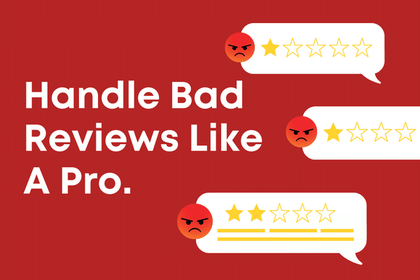 An illustration of angry review messages on a red screen.